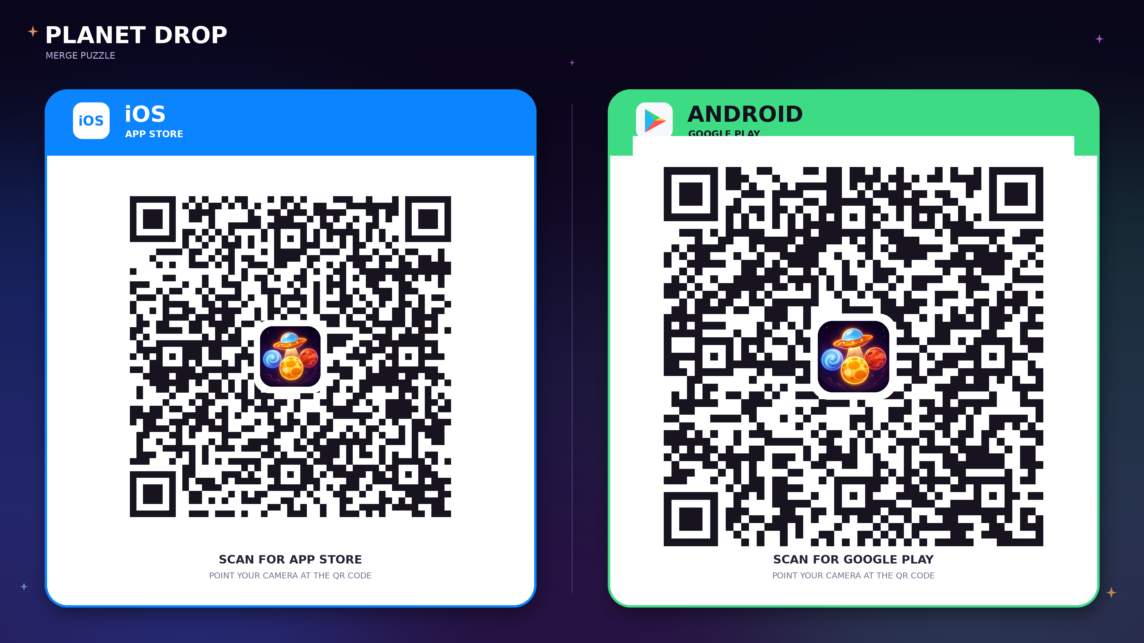 Planet Drop App Store and Google Play QR codes